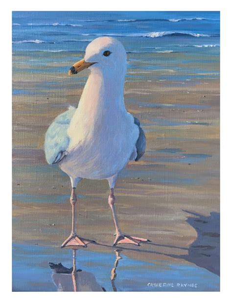 A Painting Of A Seagull Standing On The Beach With Its Reflection In