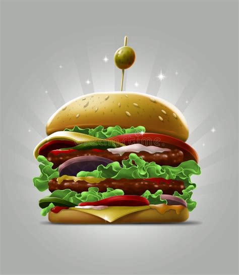 Cartoon Double Big Burger With Fresh Salad Sesame And Olive Berry Stock