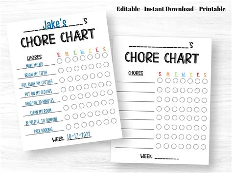 Printable Weekly Chore Chart For Kids Editable Daily Responsibility