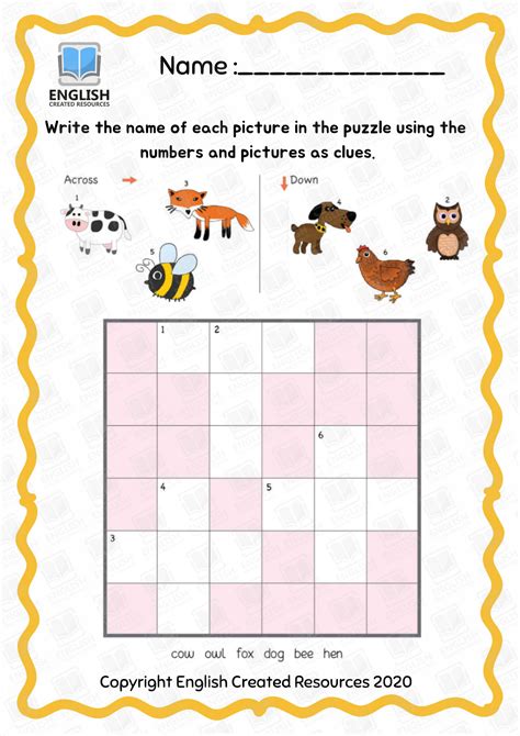 Kindergarten Crossword Puzzle English Created Resources