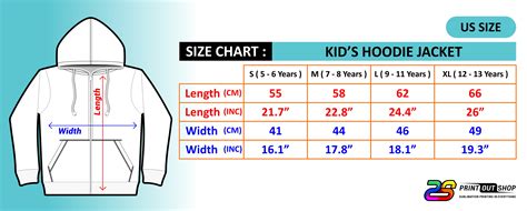 Size Chart Hoodie Jacket Kidsus Size Printout Shop