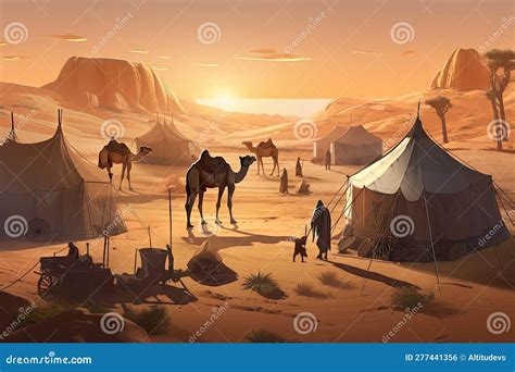 Nomadic Tribe Setting Up Camp In Desert With Tents And Animals Stock