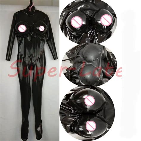 3d Clipping Cups Design Black Latex Catsuit Womens Fetish Tight Bodysuit With Back Zip To