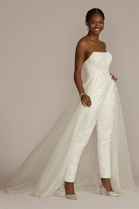 Embellished Bridal Jumpsuit With Overskirt Davids Bridal