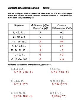 Explicit form of arithmetic and geometric sequences worksheet