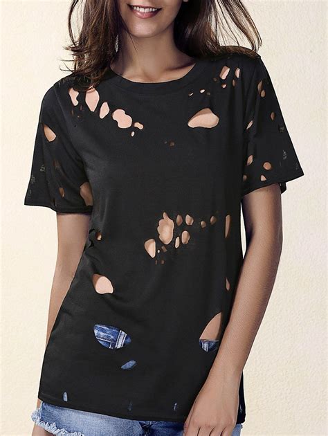 43 Off Round Neck Short Sleeve Ripped T Shirt Rosegal