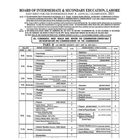 Gujranwala Board 2nd Year Date Sheet 2024 12th Class