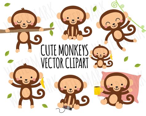 Vector Clipart Monkey, Cute Monkey Clipart, Safari clipart, Jungle clipart, Baby Monkey Clipart ...
