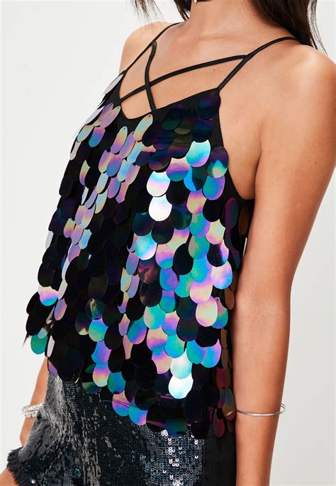Lyst Missguided Black Disc Sequin Cross Front Cami Top In Black