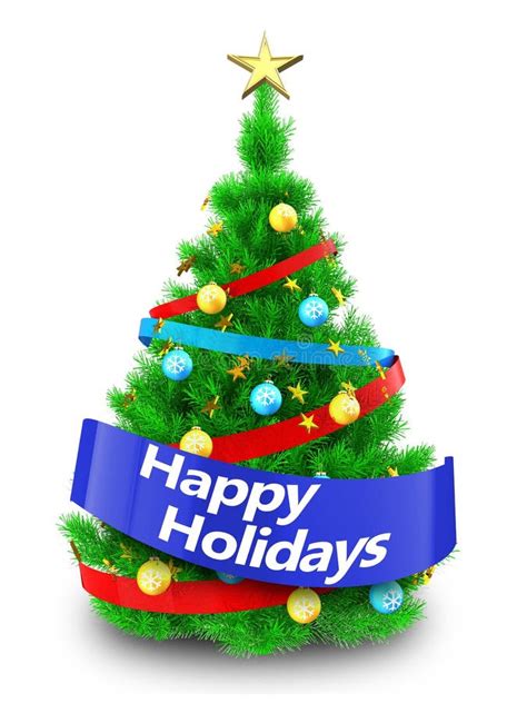 3d Vibrant Christmas Tree With Happy Holidays Sign Stock Illustration