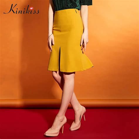 kinikiss autumn pencil skirt winter 2017 cross high waist skirt split yellow short skirts womens