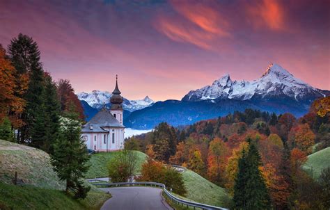 Wallpaper Road Autumn Trees Sunset Germany Bayern Church Germany