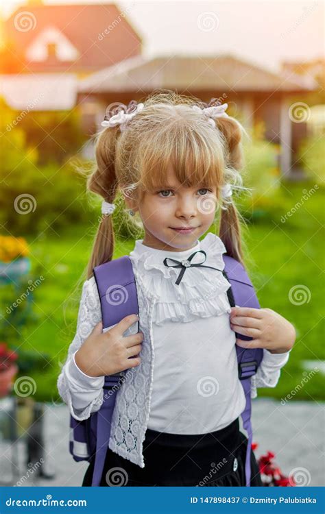 Little Girl With A Backpack Near The School Stock Image Image Of