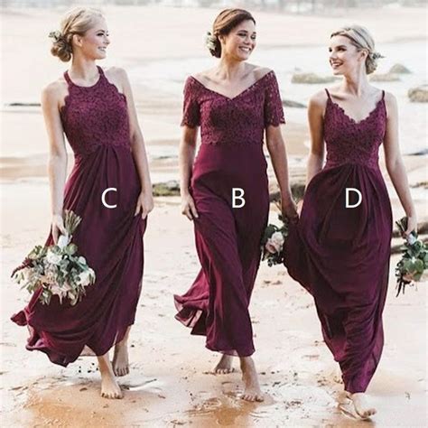 Mismatched Burgundy Lace Chiffon Bridesmaid Dresses Long