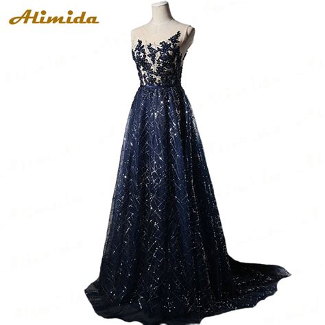 Alimida Sparkly Sequins Beading Evening Dress Long 2017 Top Sheer Party