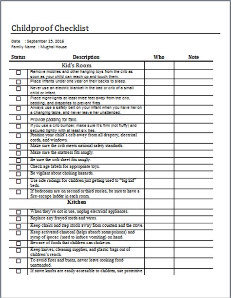 MS Word Childproofing Chart and Checklist Template | Word & Excel Templates