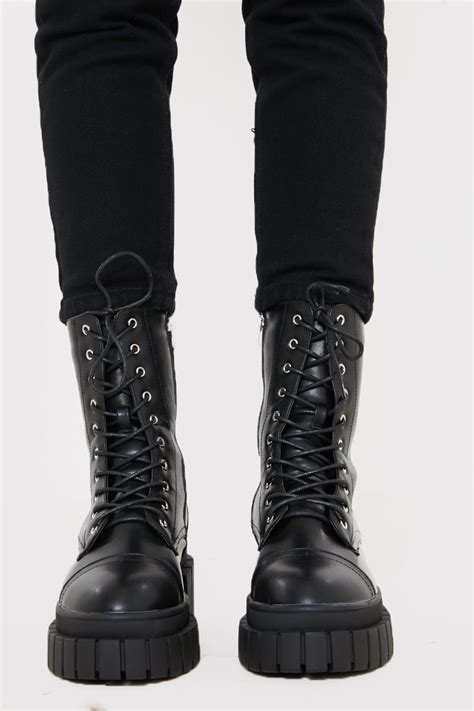 Black Lace Up Chunky Biker Boots In The Style Usa