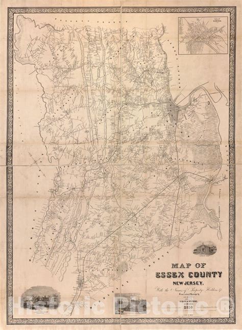 Historic 1850 Map Map Of Essex County New Jersey With The Names Of