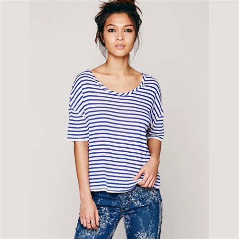 Navy Blue And White Striped T Shirt Wide Shoulder Tee Loose Women Back Cross Straps T Shirt In T