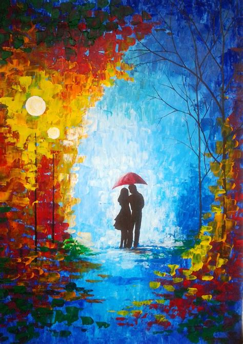 Large Original Oil Painting Couple With Umbrella Night Etsy