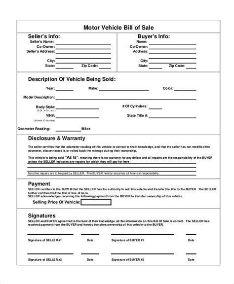 The buyer must acknowledge this form with a dated signature. Motor Vehicle Bill of Sale - 7+ Free word, PDF Documents Download | Free & Premium Templates