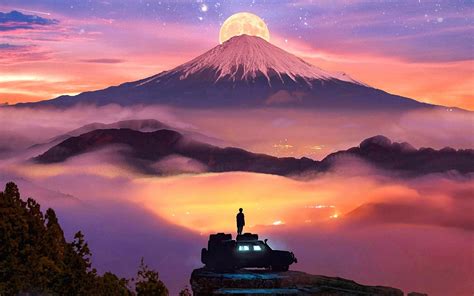 1440x900 Man Watching Moon Rising Over Mountains 1440x900 Wallpaper Hd