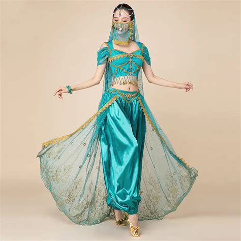 Genie Jasmine Arabian Belly Dance Princess Aladdin Fancy Dress Up Costume 5 Pieces Set Top Pants
