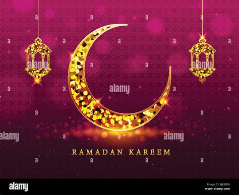 Golden Ramadan Kareem Text With Light Effect Crescent Moon Lanterns