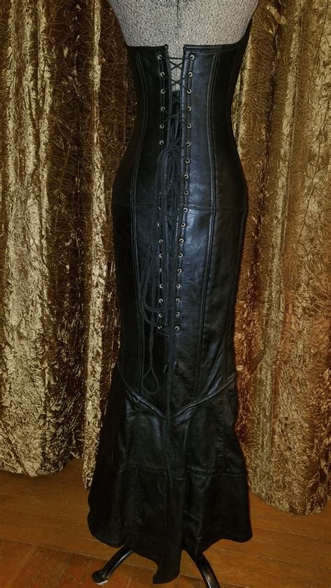 Incredible Floor Length Black Leather Corset Hobble Dress Etsy