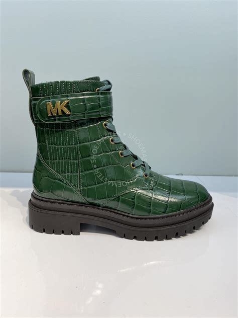 Michael Kors Stark Crocodile Embossed Combat Boots — Dark Green