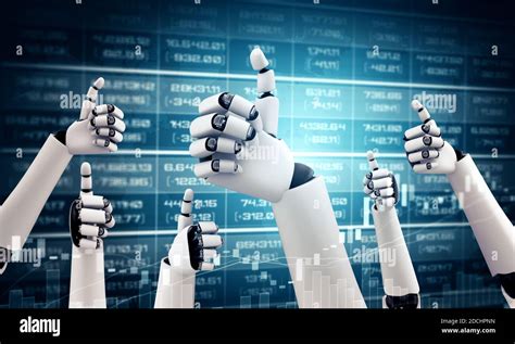 Robot Humanoid Hands Up To Celebrate Money Investment Success Achieved