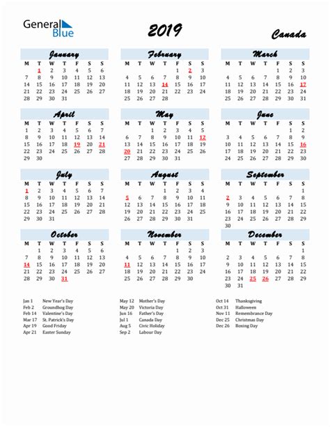 2019 Canada Calendar With Holidays