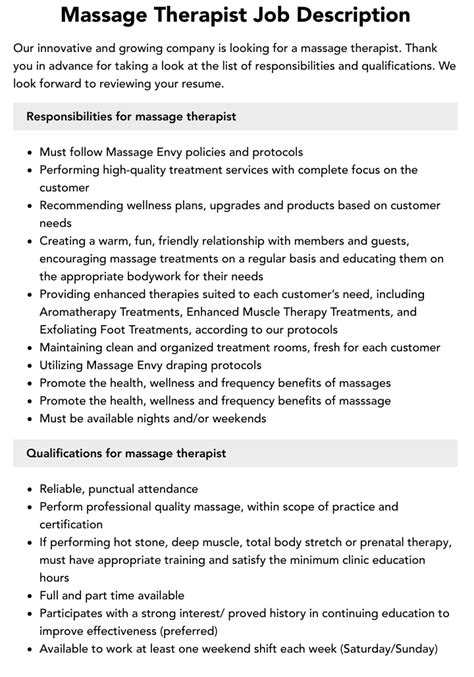 Massage Therapist Job Description Velvet Jobs