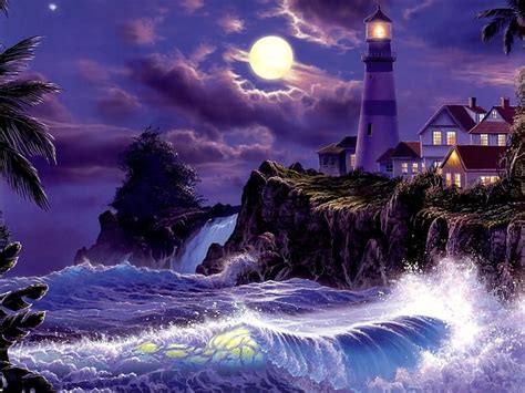 Hd Wallpaper Artistic Painting Lighthouse Moon Night Ocean Sea