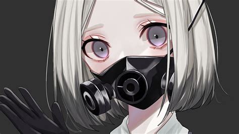 Hd Wallpaper Anime Original Gas Mask Girl Grey Hair Purple Eyes