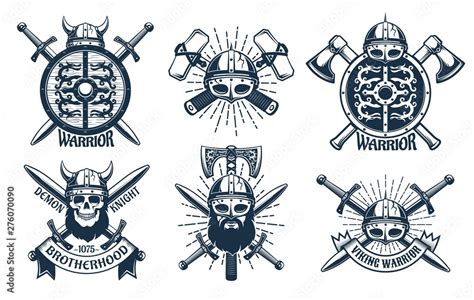 Viking Logo Set In Retro Stamp Style Heraldic Emblems With Warriors