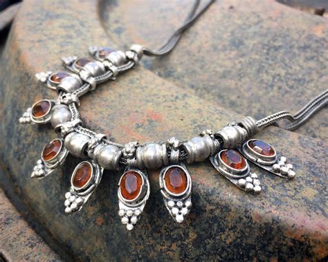 Indian Tribal Sterling Silver Choker Necklace With Amber Amulets