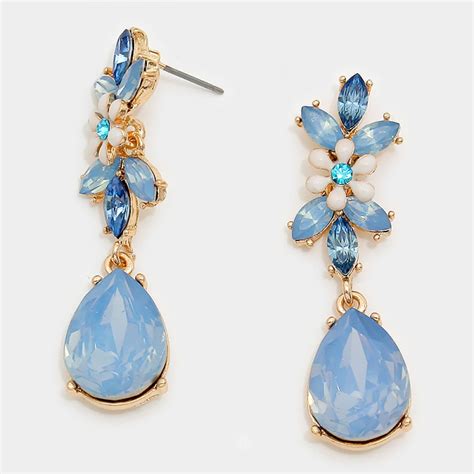 Opal Blue Periwinkle Teardrop Floral Crytal Stone Statement Earrings