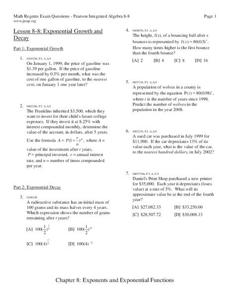 Exponential Growth And Decay Worksheet For 9th 11th Grade Lesson Planet