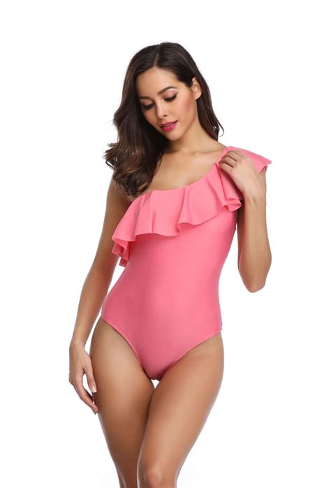 New Hot Selling Polyester One Piece Backless Slimming Solid Color With Ruffled Ladies Swimsuit