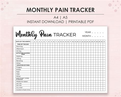 Printable Monthly Pain Tracker For Bullet Journal Track Etsy Canada