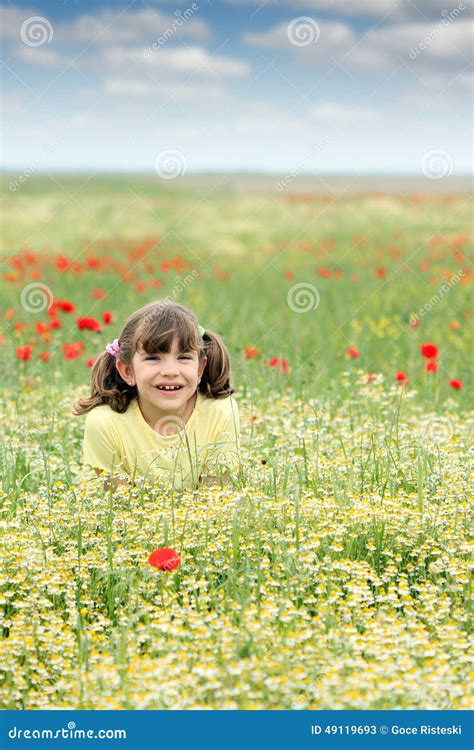 Happy Little Girl On Wildflowers Meadow Stock Image Image Of Cute