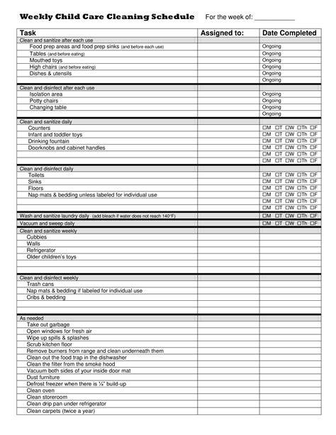 Weekly Child Care Cleaning Schedule Templates At