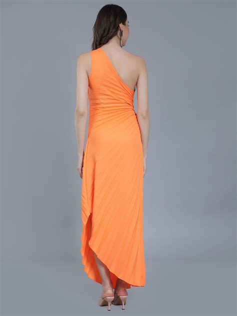 Orange One Shoulder Pleated Maxi Dress Anny