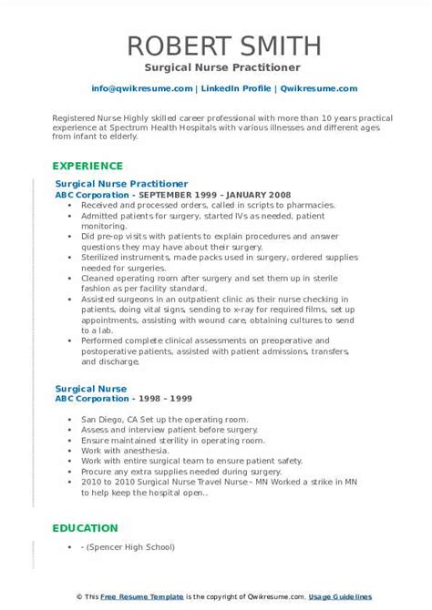 Writing a medical student curriculum vitae can be daunting. Surgical Nurse Resume Samples | QwikResume