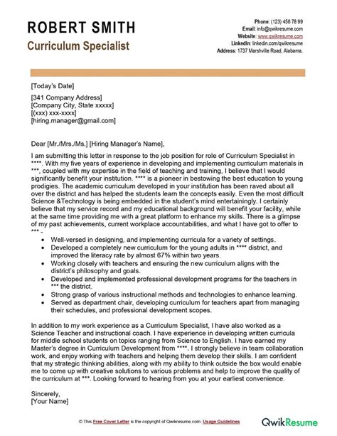 Curriculum Specialist Cover Letter Examples Qwikresume