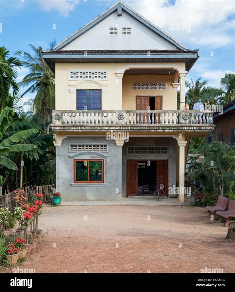 Cambodia Typical Modern Rural House With Living Quarters Above The