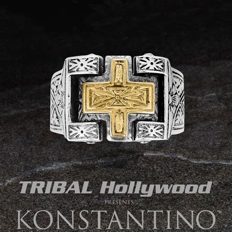 Konstantino Ancient Gold Cross Ring For Men In Sterling Silver