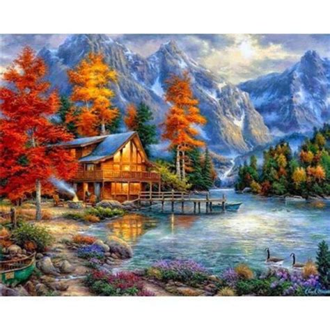 Cabin By The Lake Diamond Painting Kit Landscape Paintings Cross