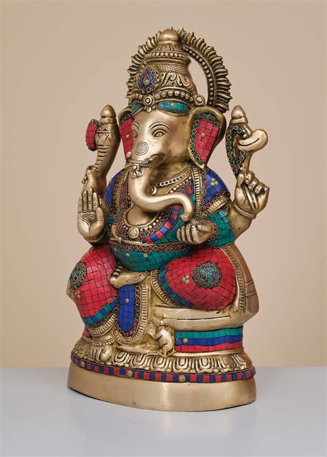 20 Brass Lord Ganesha Seated On Oval Base With Inlay Work Handmade